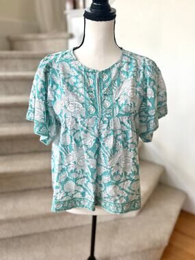Marea Aqua Blue & White Floral Block Print Short Sleeve Tunic Top